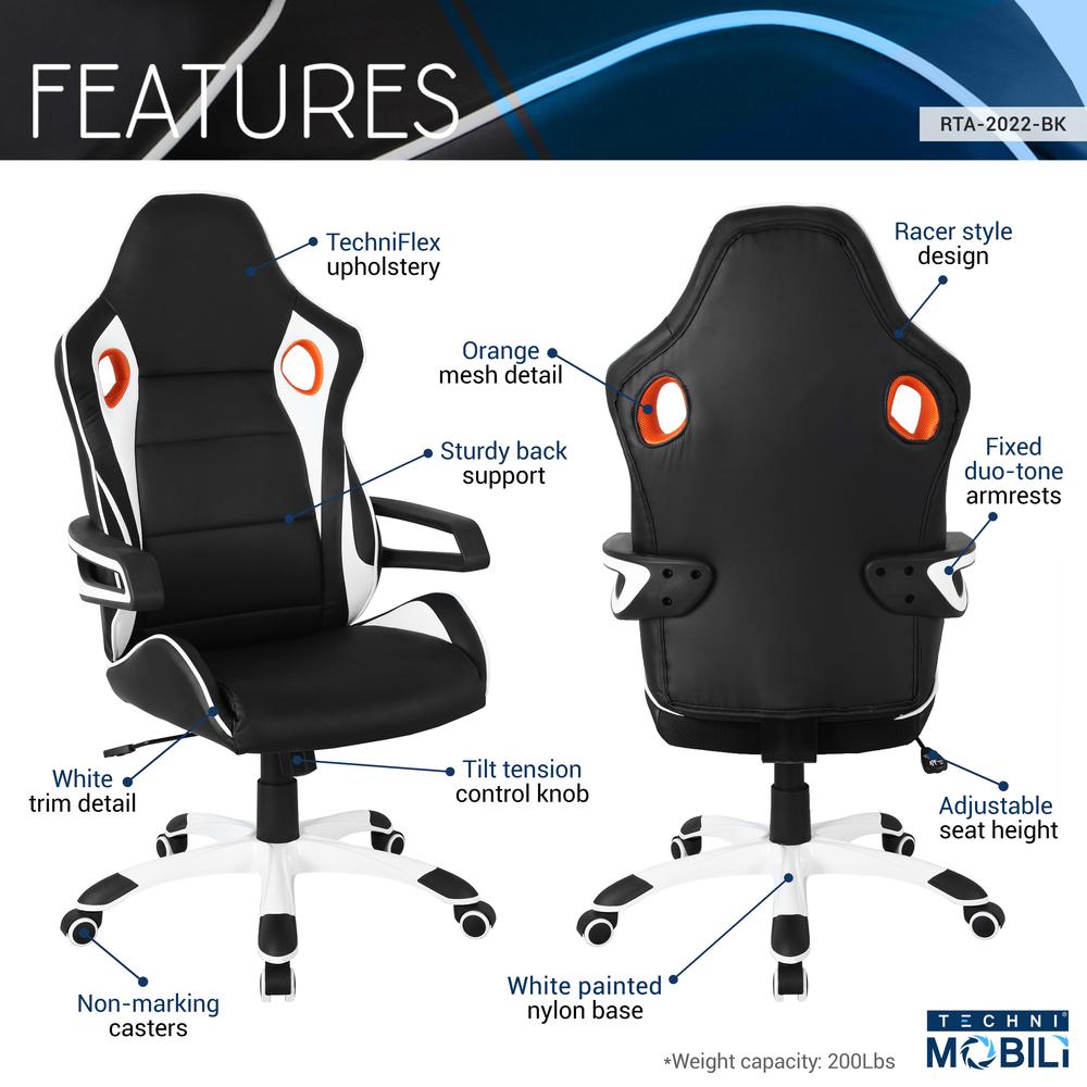 Techni Mobili Racing Style Home & Office Chair, Black. Picture 6