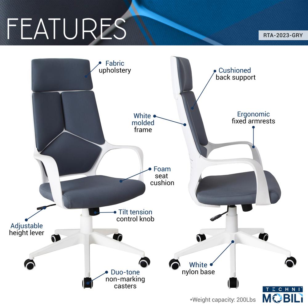 Techni Mobili Modern Studio Office Chair, Grey/White. Picture 5