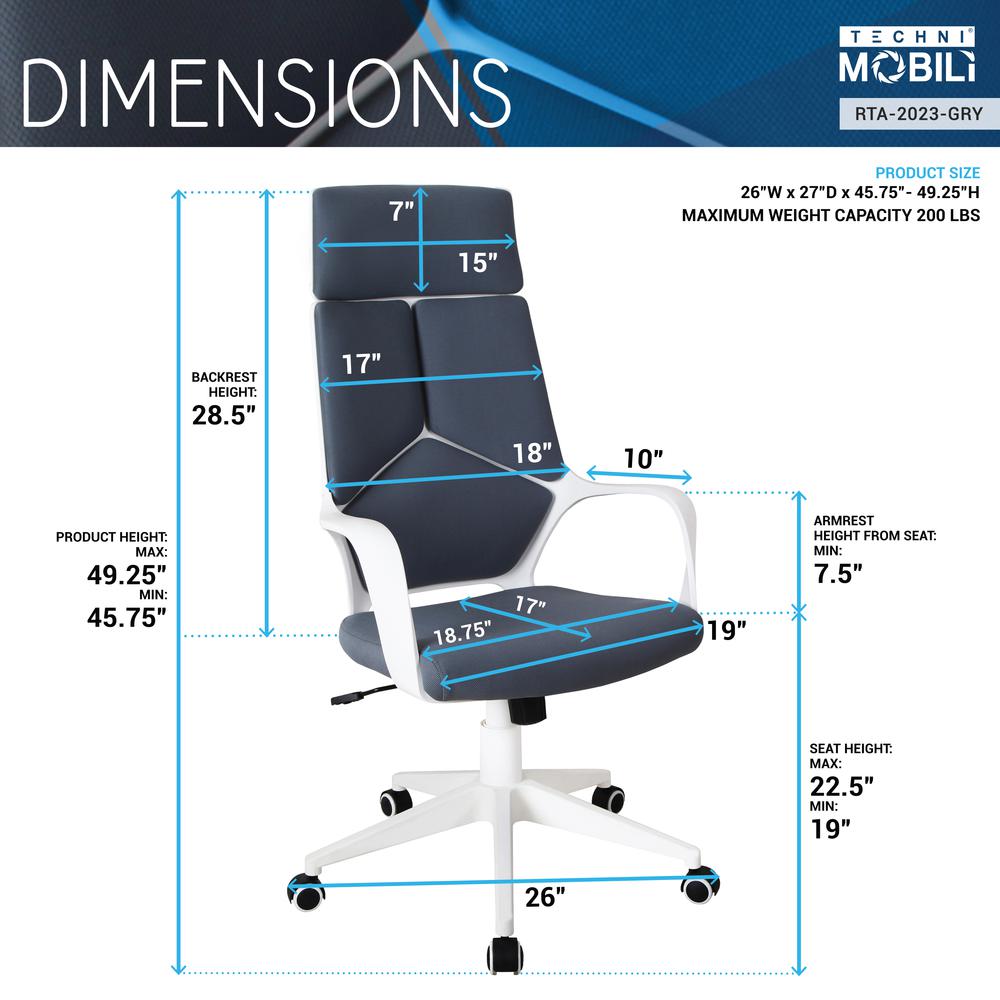 Techni Mobili Modern Studio Office Chair, Grey/White. Picture 6