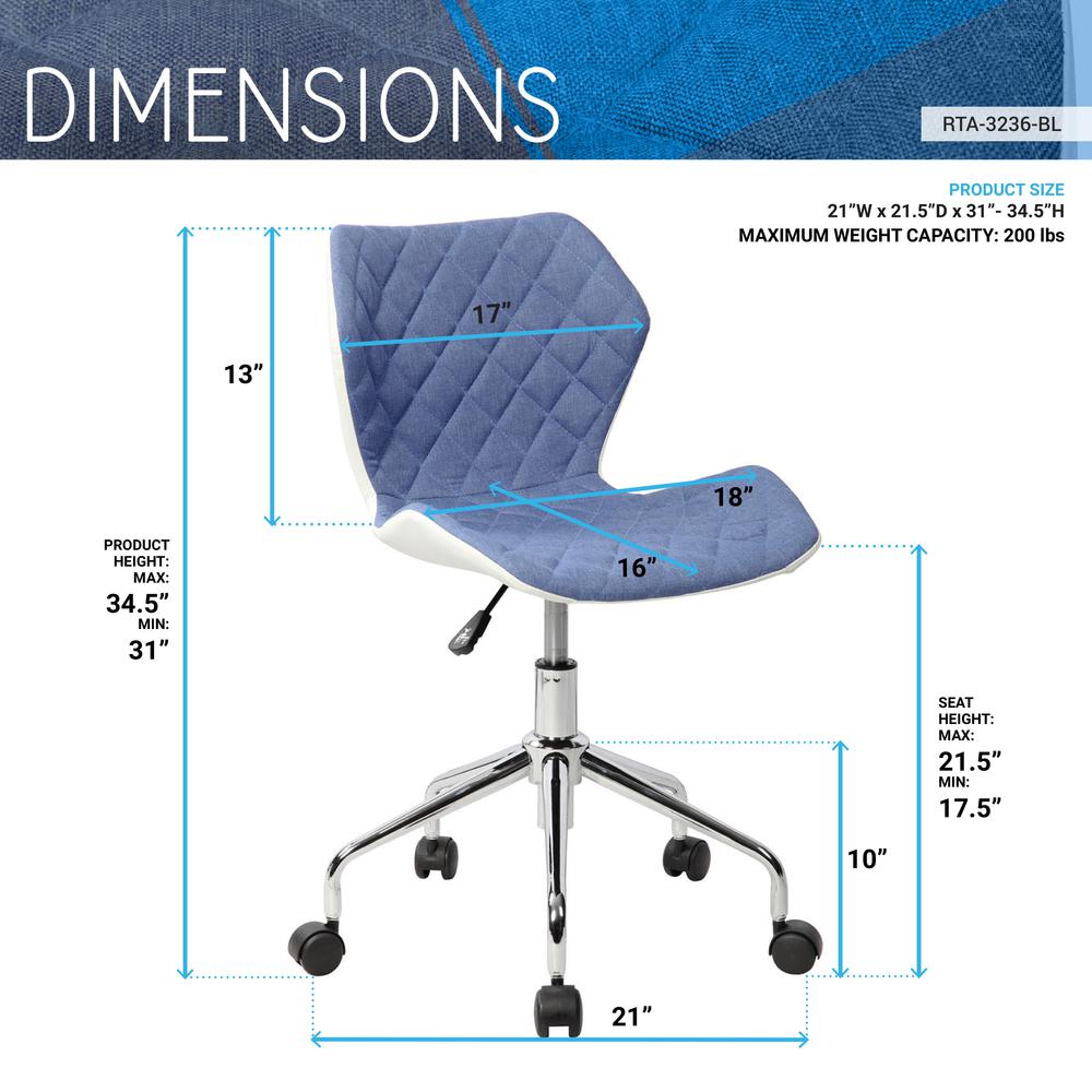 Techni Mobili Modern Height Adjutable Office Task Chair, Blue. Picture 7