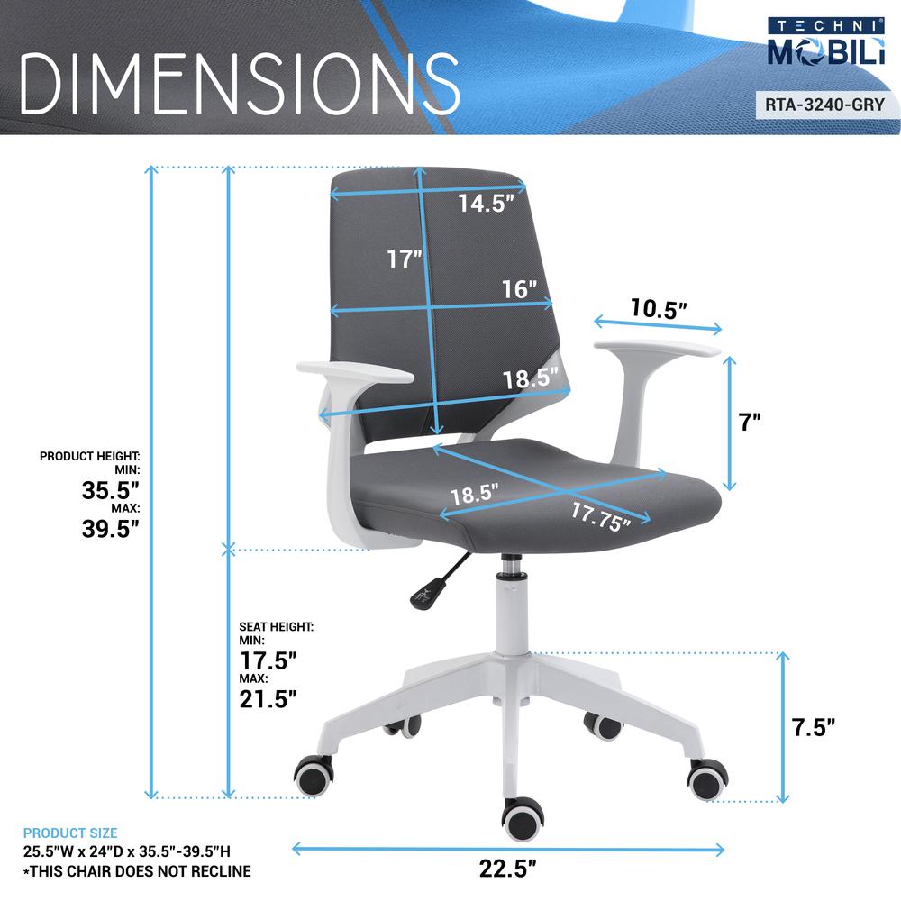 Techni Mobili Height Adjustable Mid Back Office Chair, Grey. Picture 7