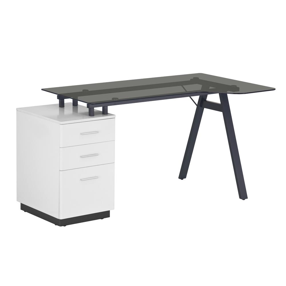Modern Home Office Computer Desk with smoke tempered glass top & storage - White. Picture 1