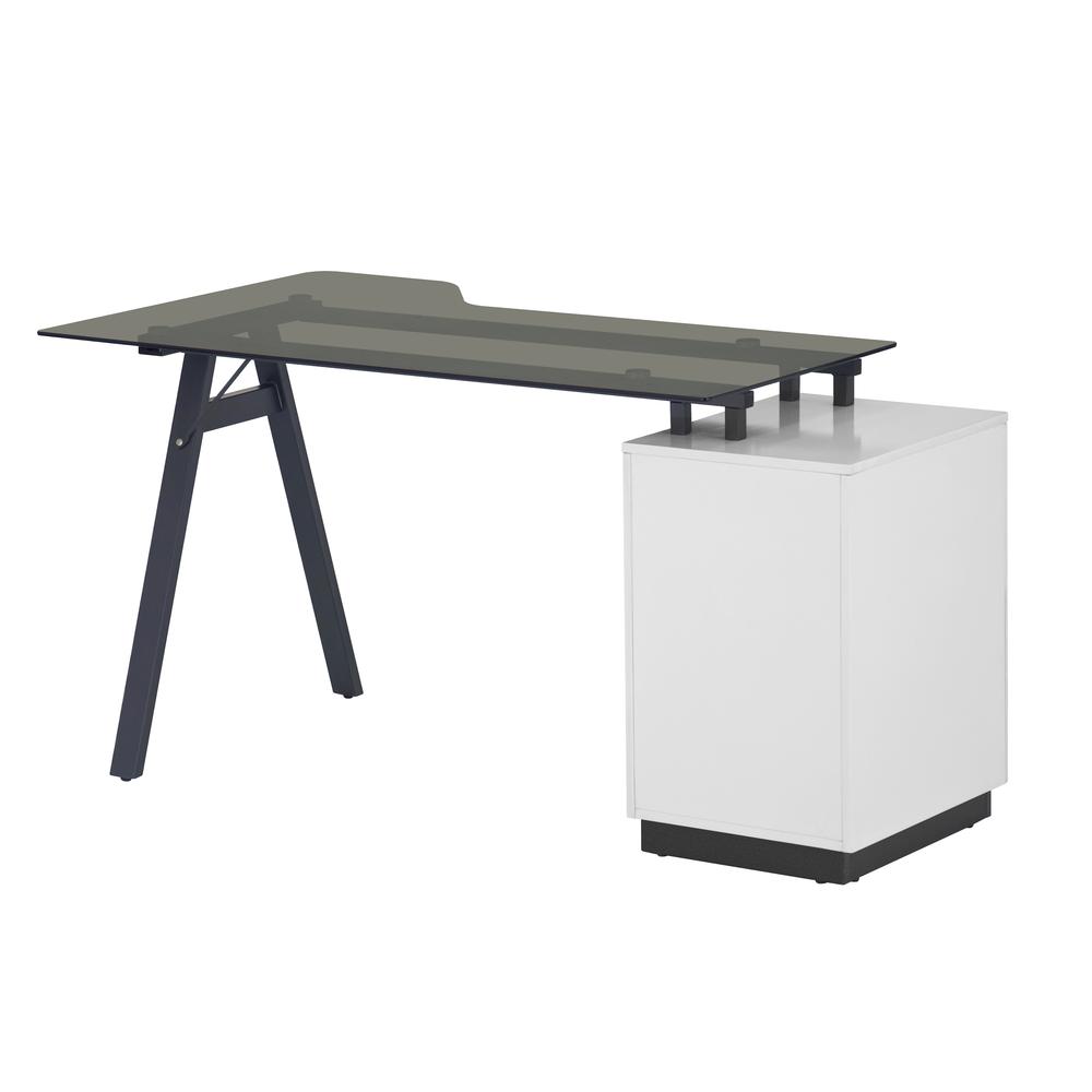 Modern Home Office Computer Desk with smoke tempered glass top & storage - White. Picture 2