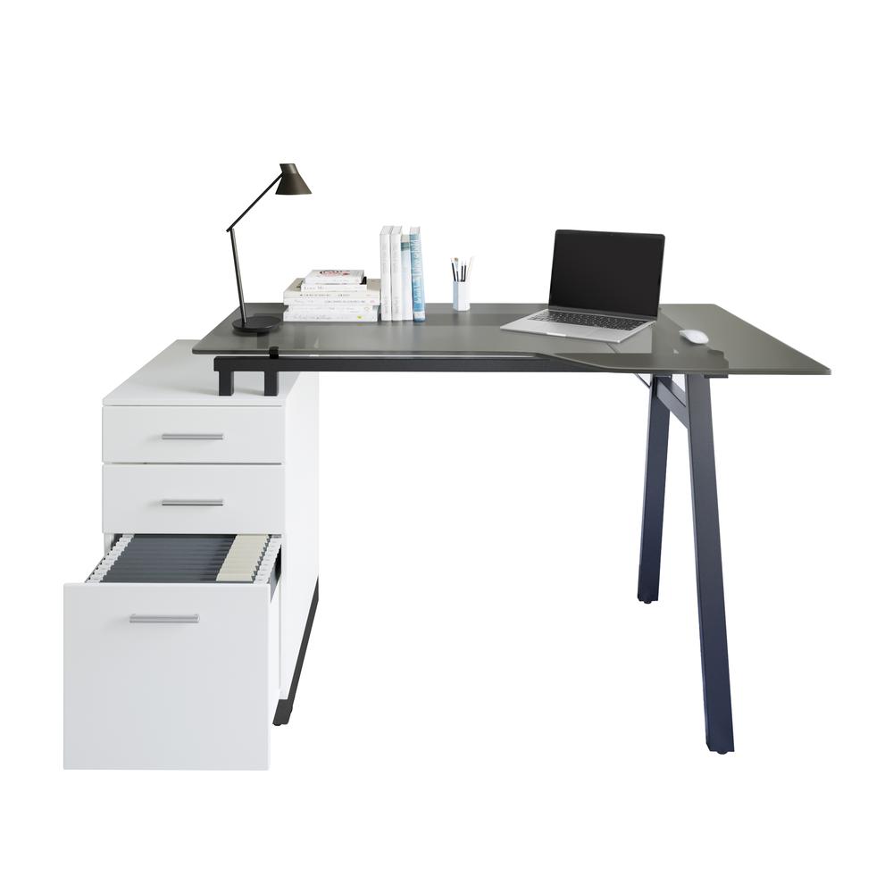 Modern Home Office Computer Desk with smoke tempered glass top & storage - White. Picture 5
