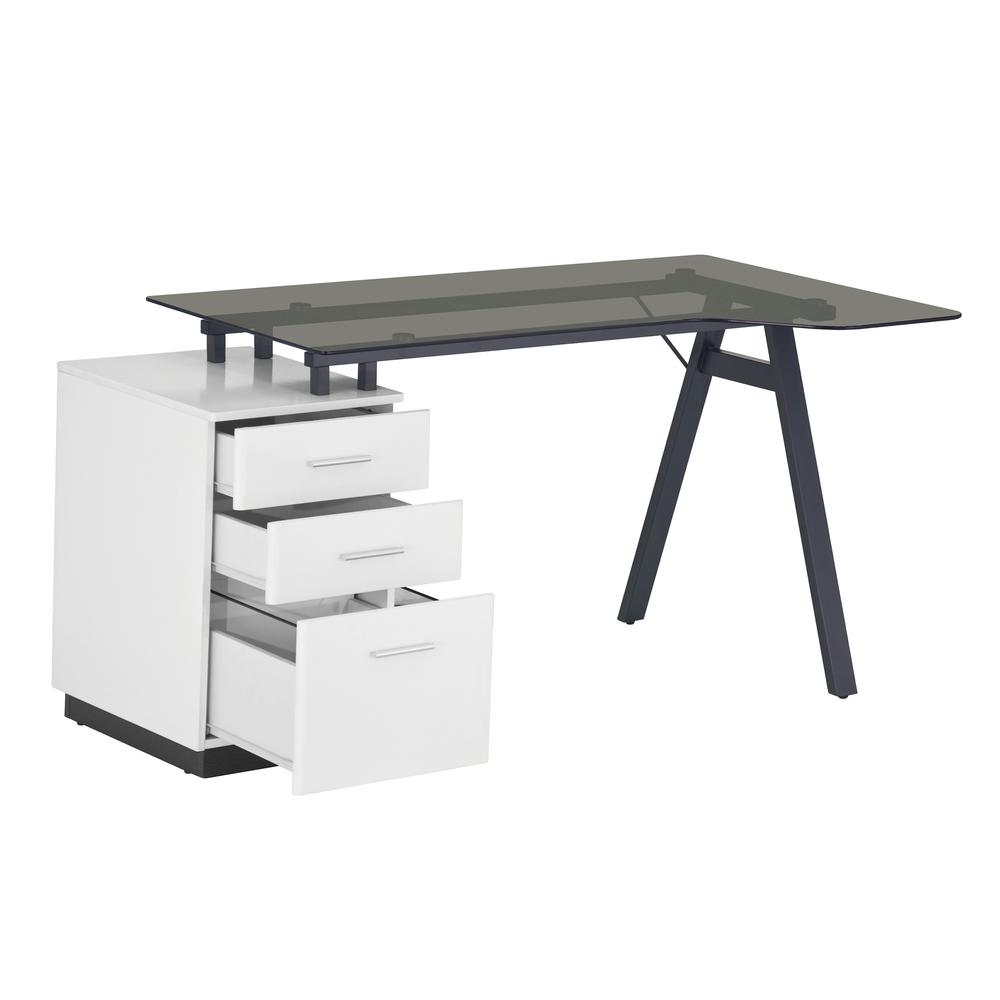 Modern Home Office Computer Desk with smoke tempered glass top & storage - White. Picture 6