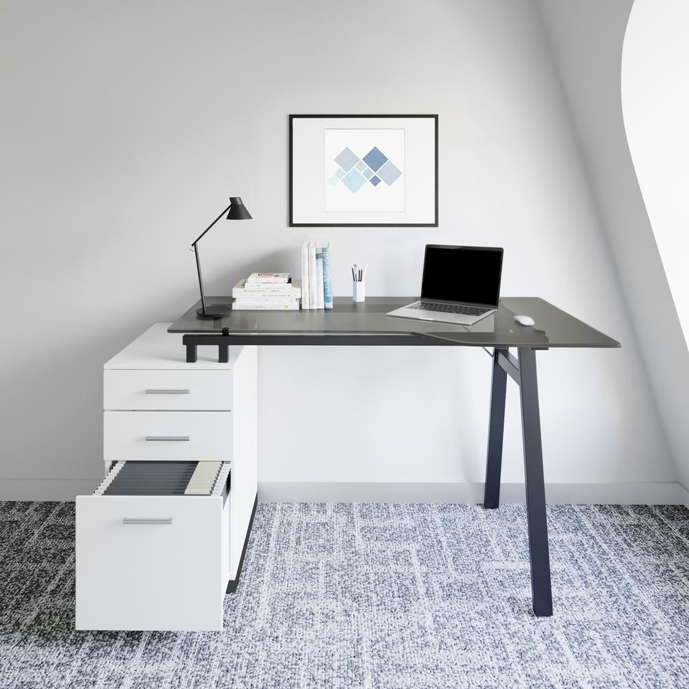 Modern Home Office Computer Desk with smoke tempered glass top & storage - White. Picture 7