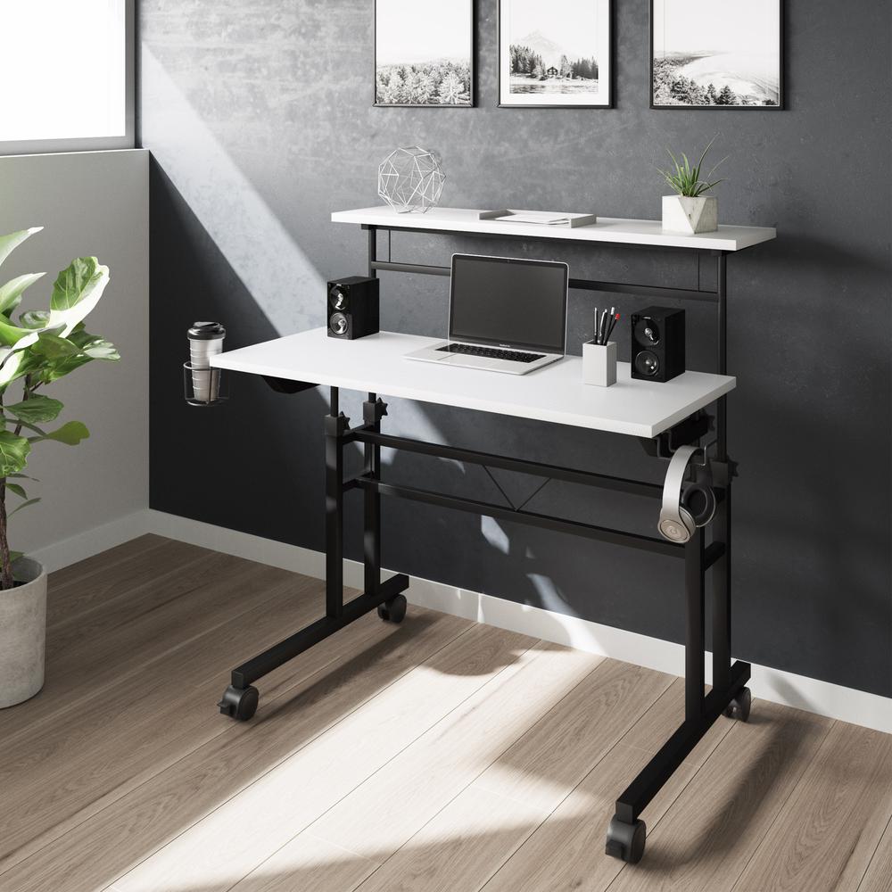 Rolling Writing Desk with Height Adjustable Desktop and Moveable Shelf, White. Picture 8