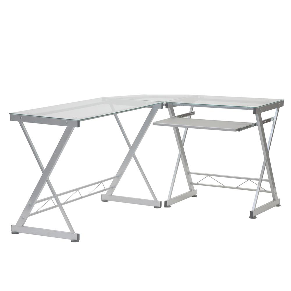L-Shaped Tempered Glass Top Computer Desk With Pull Out Keybaord Panel. Color: Clear. Picture 1