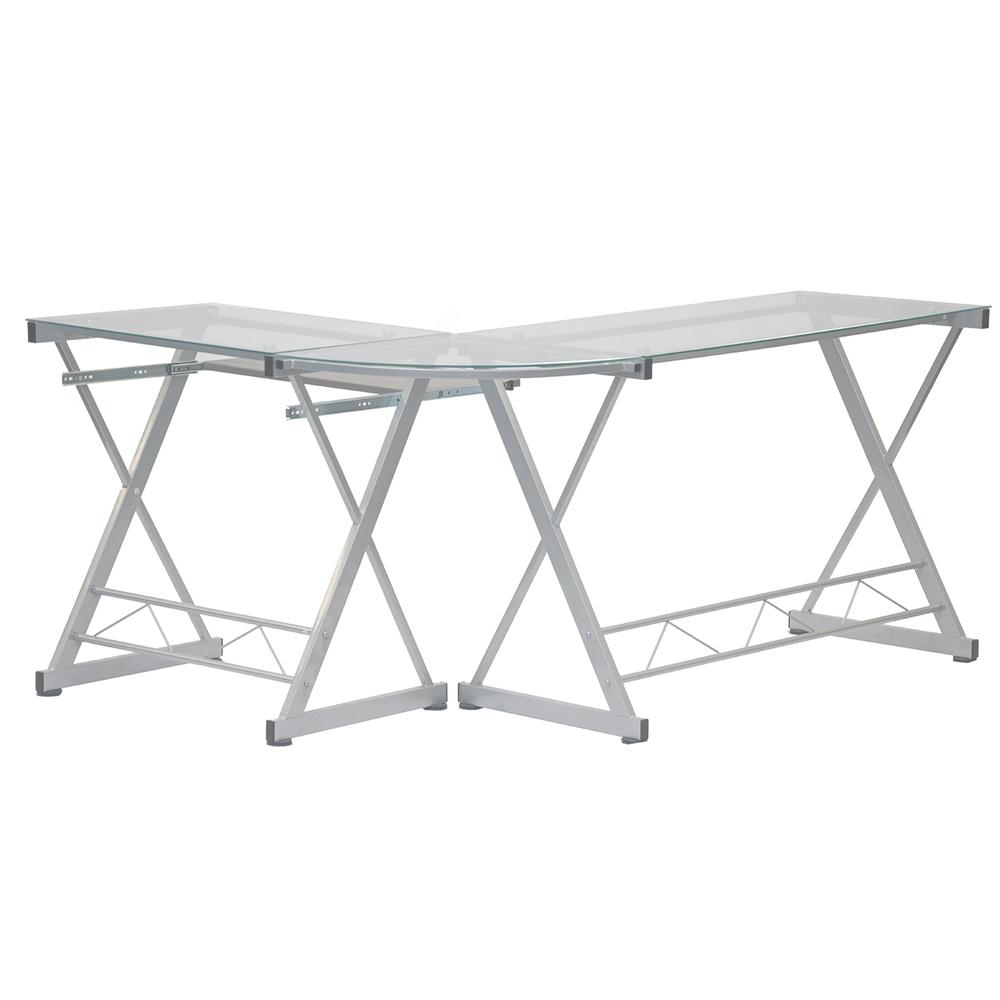 L-Shaped Tempered Glass Top Computer Desk With Pull Out Keybaord Panel. Color: Clear. Picture 4