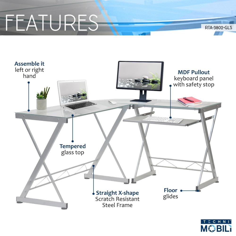 L-Shaped Tempered Glass Top Computer Desk With Pull Out Keybaord Panel. Color: Clear. Picture 6