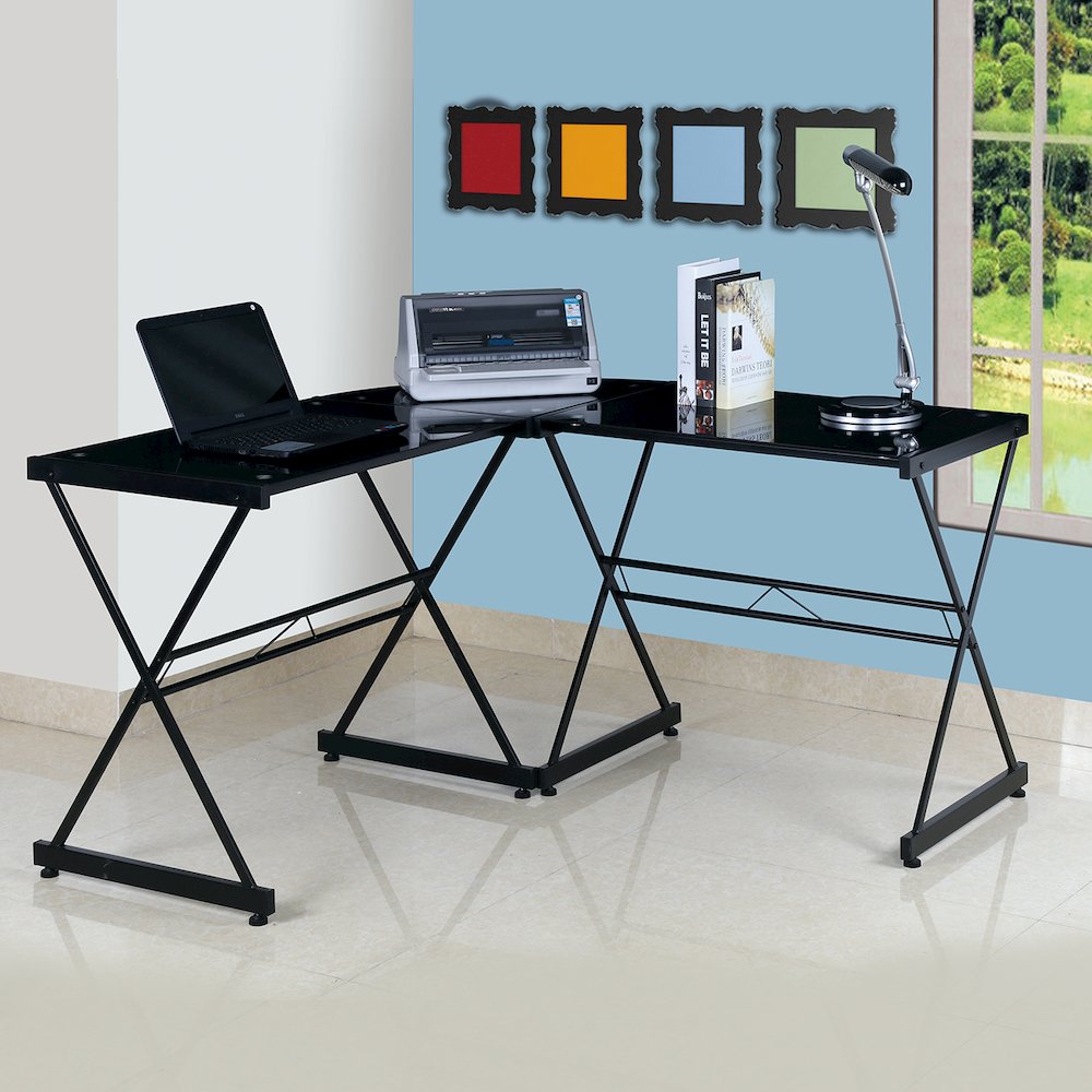 Black L-shaped Glass Computer Desk. Picture 5