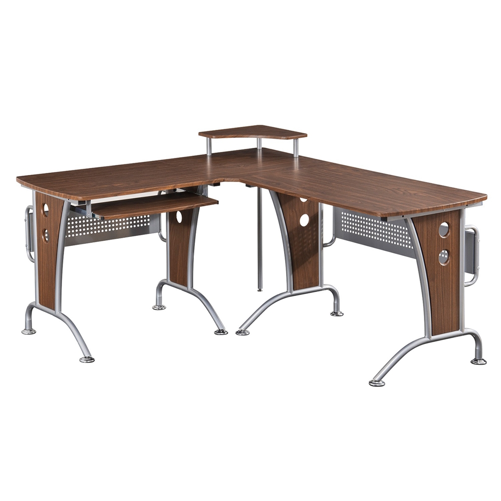 Deluxe L Shaped Tempered Frosted Glass Top Computer Desk With Pull