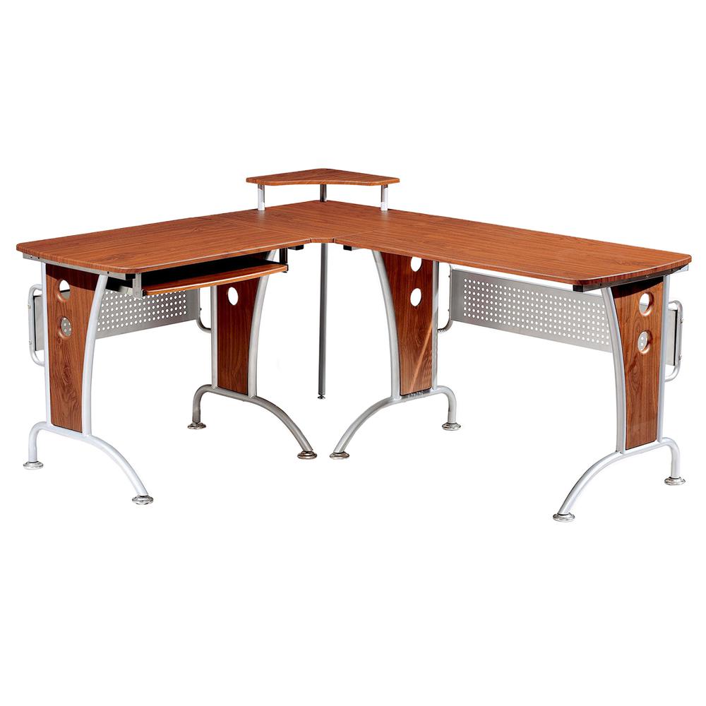 Deluxe L-Shaped Tempered Frosted Glass Top Computer Desk With Pull Out Keybaord Panel. Color: Mahogany. Picture 1