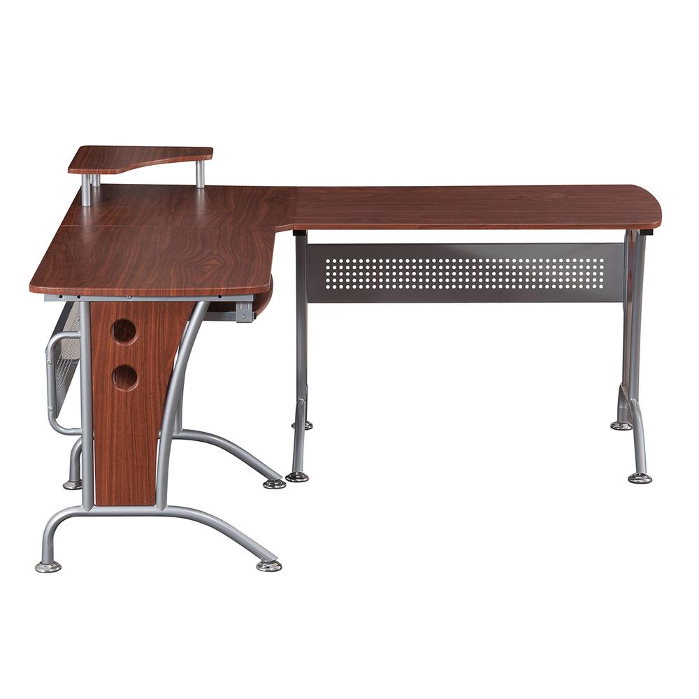 Deluxe L-Shaped Tempered Frosted Glass Top Computer Desk With Pull Out Keybaord Panel. Color: Mahogany. Picture 3