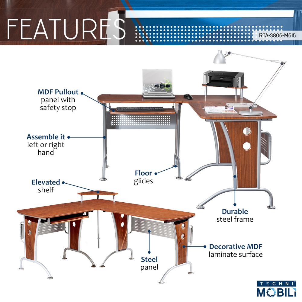 Deluxe L-Shaped Tempered Frosted Glass Top Computer Desk With Pull Out Keybaord Panel. Color: Mahogany. Picture 6