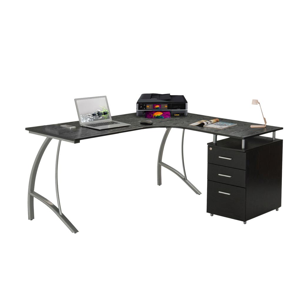 Modern L- Shaped Computer Desk with File Cabinet and Storage. Color: Espresso. Picture 3