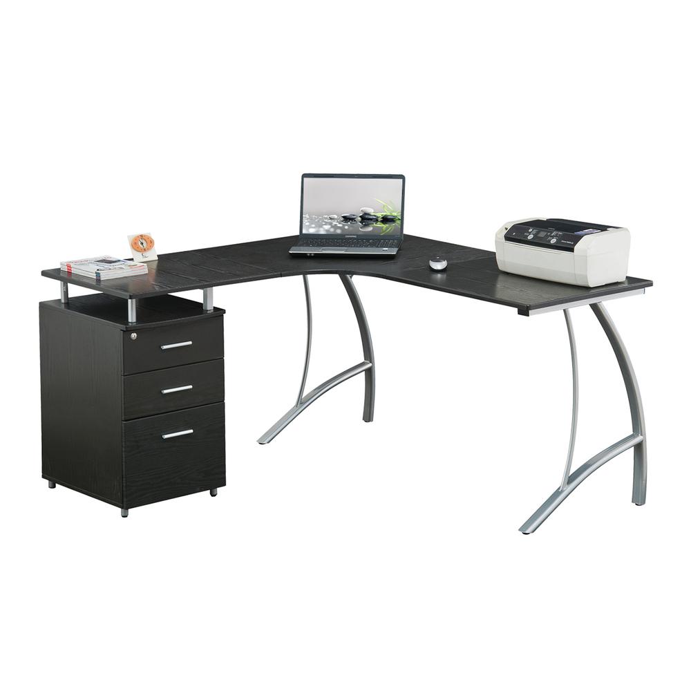 Modern L- Shaped Computer Desk with File Cabinet and Storage. Color: Espresso. Picture 4