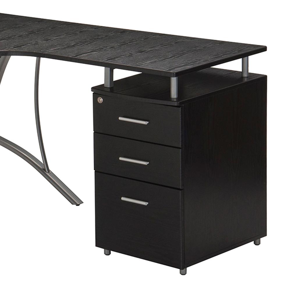 Modern L- Shaped Computer Desk with File Cabinet and Storage. Color: Espresso. Picture 8
