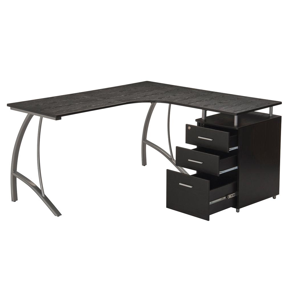 Modern L- Shaped Computer Desk with File Cabinet and Storage. Color: Espresso. Picture 9