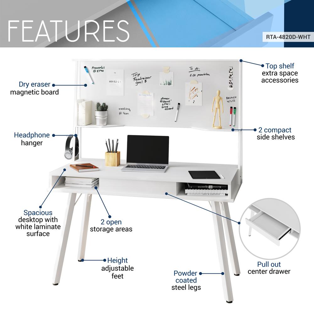 Techni Mobili Study Computer Desk with Storage & Magnetic Dry Erase White Board, White. Picture 9
