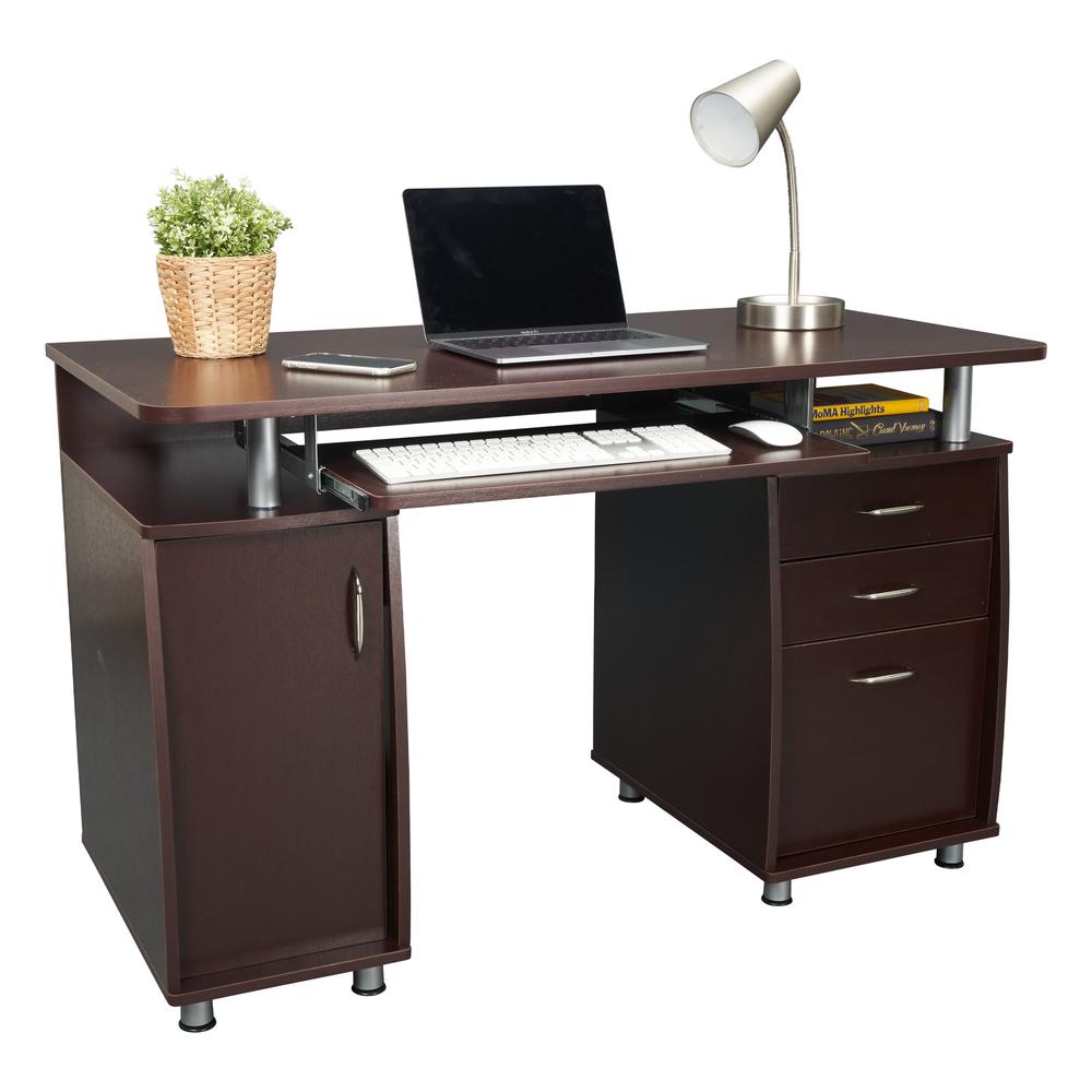 Complete Workstation Computer Desk with Storage. Color: Chocolate. Picture 1