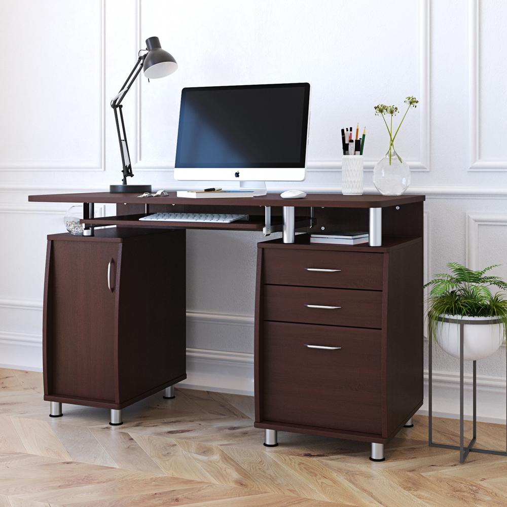 Complete Workstation Computer Desk with Storage. Color: Chocolate. Picture 9