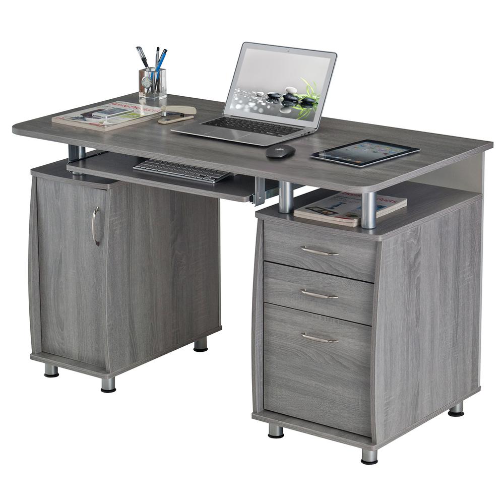 Techni Mobili Complete Workstation Computer Desk with Storage. Color: Grey. Picture 1
