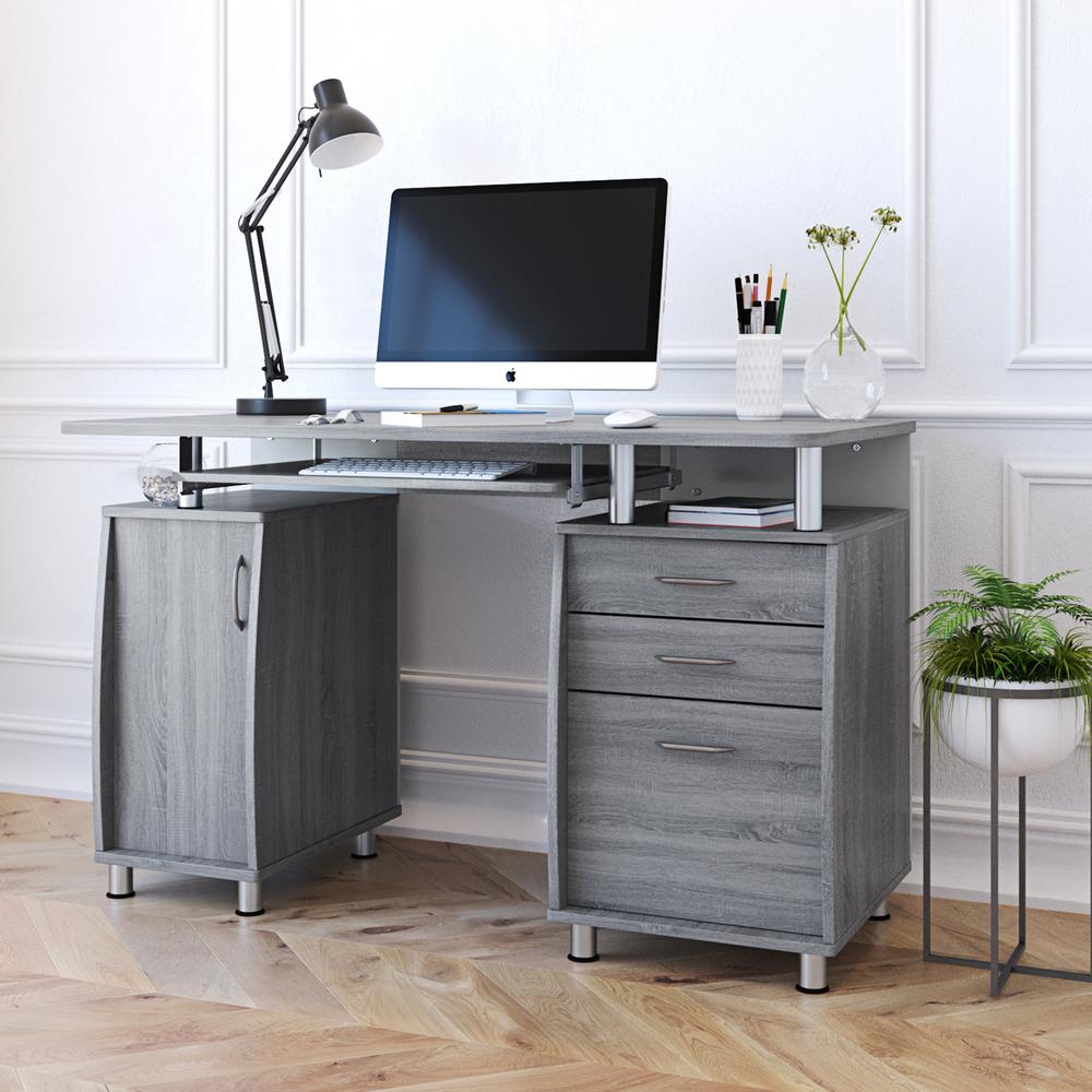 Complete Workstation Computer Desk with Storage. Color: Grey. Picture 7