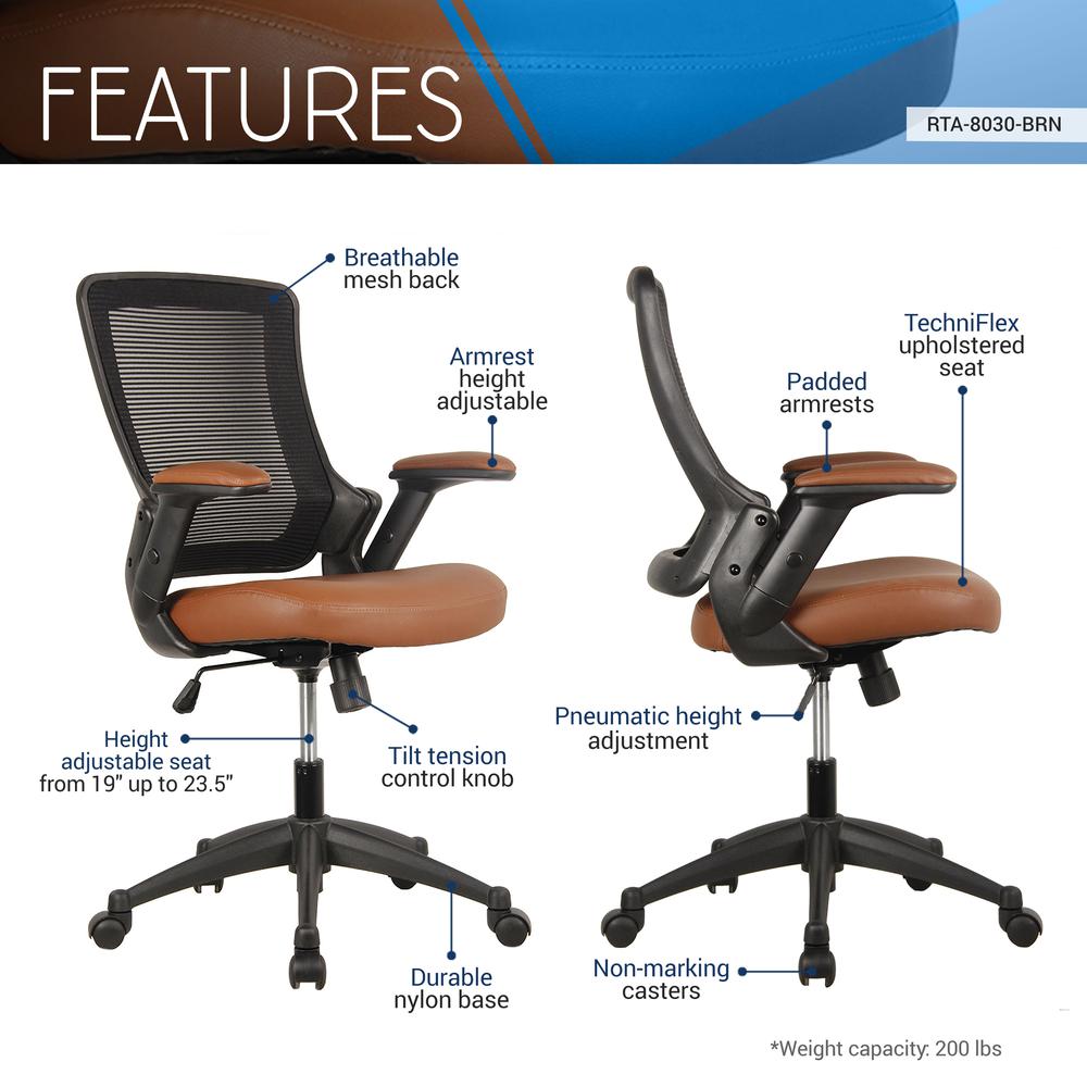 Mid-Back Mesh Task Office Chair with Height Adjustable Arms. Color: Brown. Picture 6