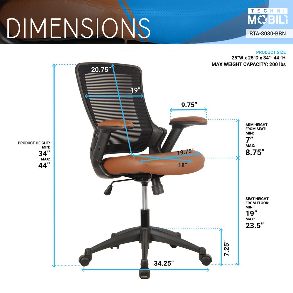Mid-Back Mesh Task Office Chair with Height Adjustable Arms. Color: Brown. Picture 7
