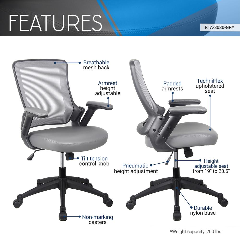 Mid-Back Mesh Task Office Chair with Flip Up Arms. Color: Gray. Picture 6