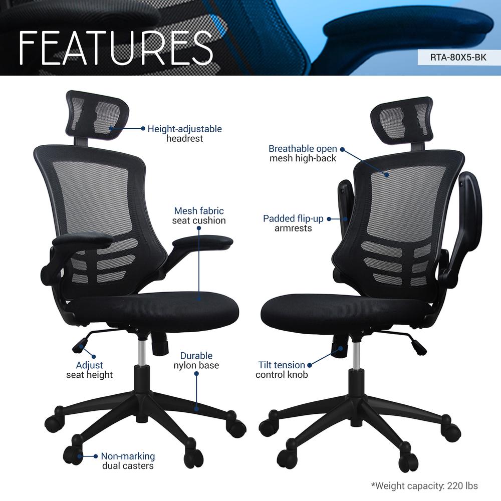 Modern High-Back Mesh Executive Office Chair With Headrest And Flip Up Arms. Color: Black. Picture 6