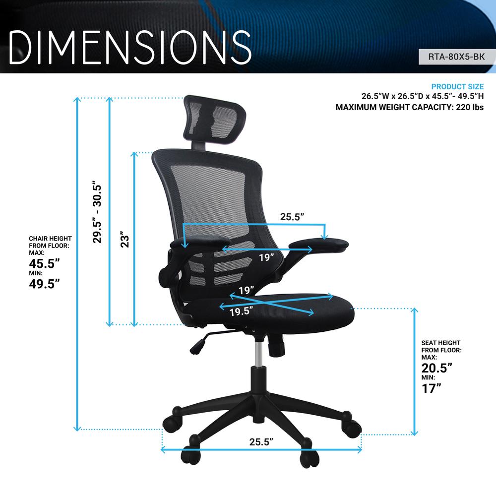 Modern High-Back Mesh Executive Office Chair With Headrest And Flip Up Arms. Color: Black. Picture 7