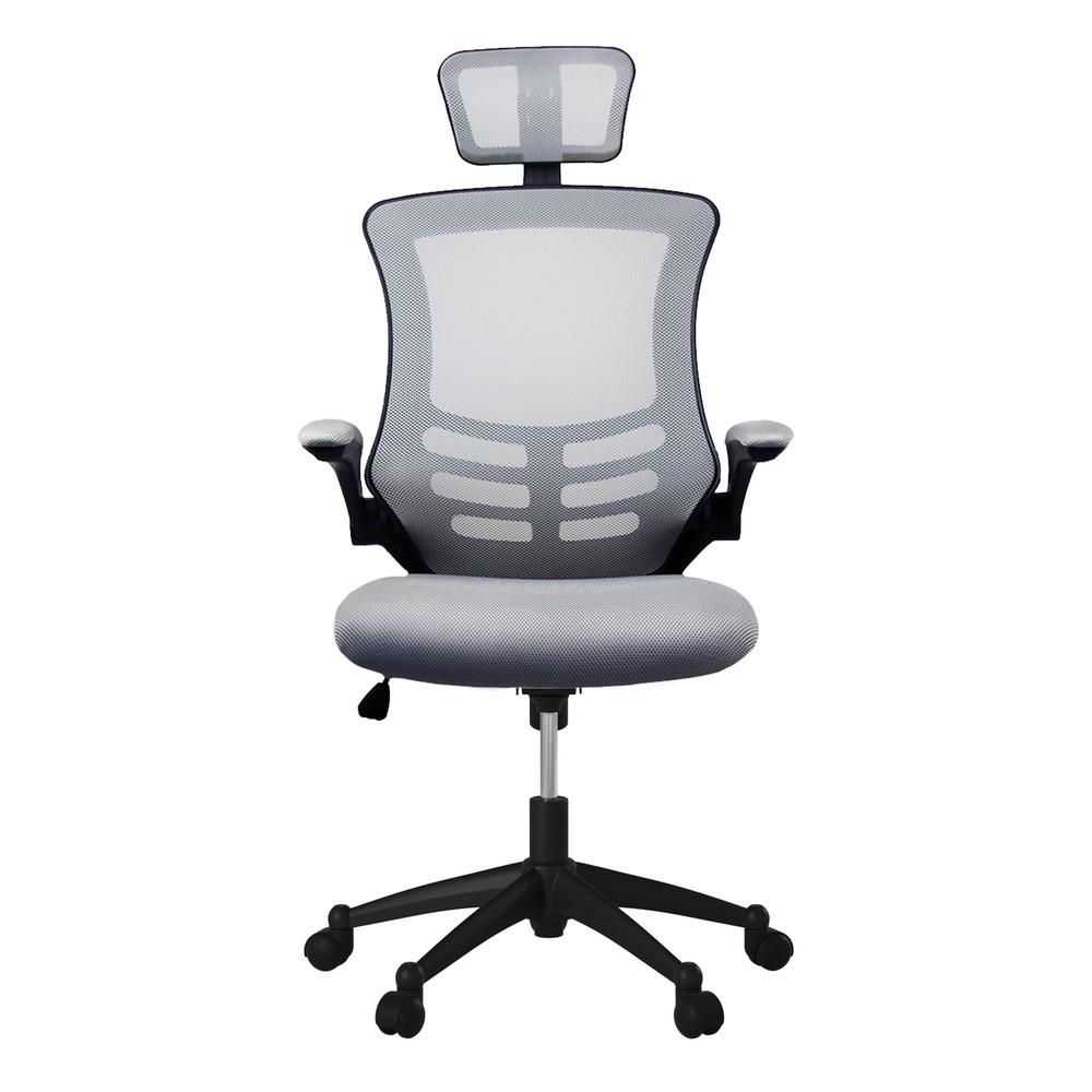 Modern High-Back Mesh Executive office Chair With Headrest And Flip Up Arms. Color: Silver Grey. Picture 2