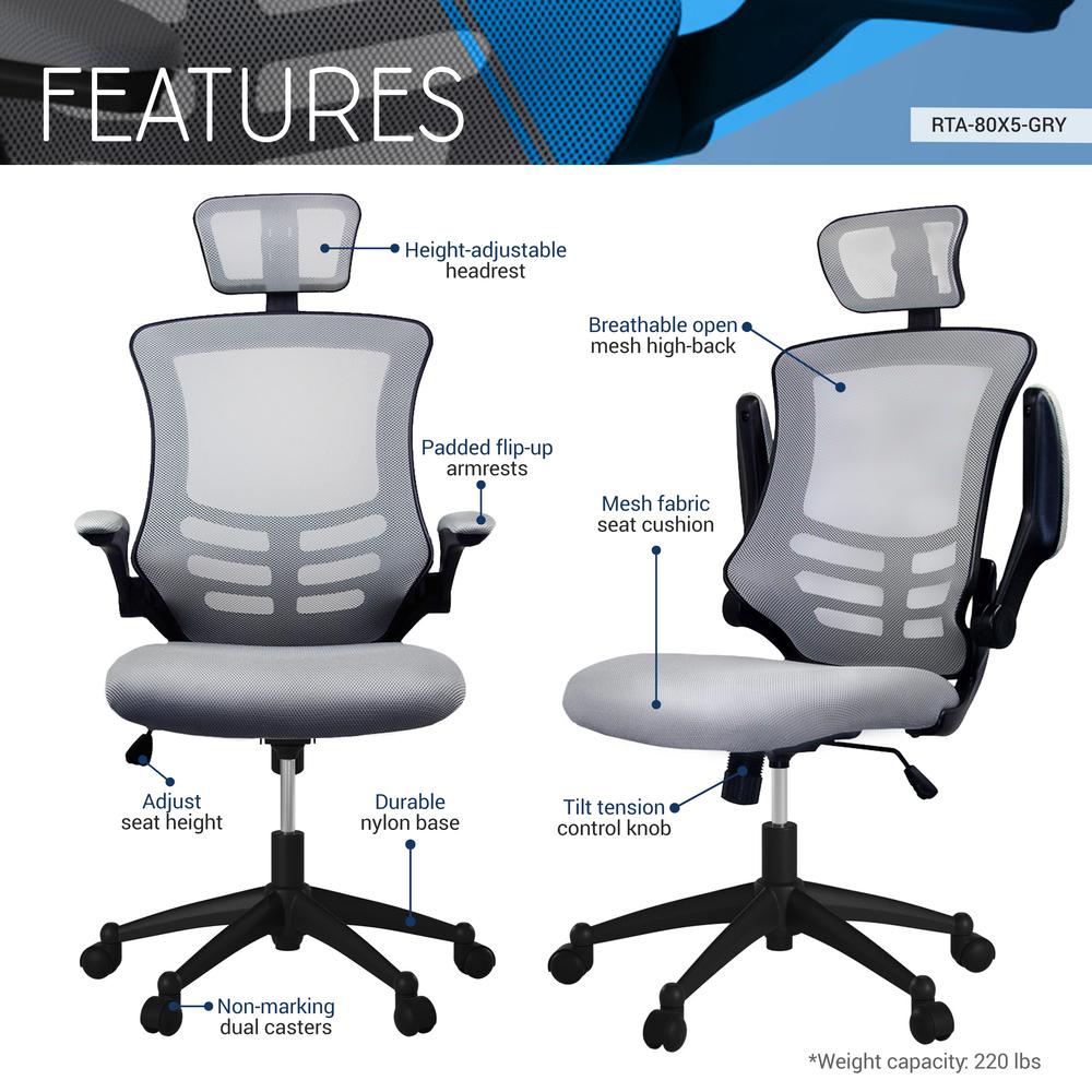 Modern High-Back Mesh Executive office Chair With Headrest And Flip Up Arms. Color: Silver Grey. Picture 6