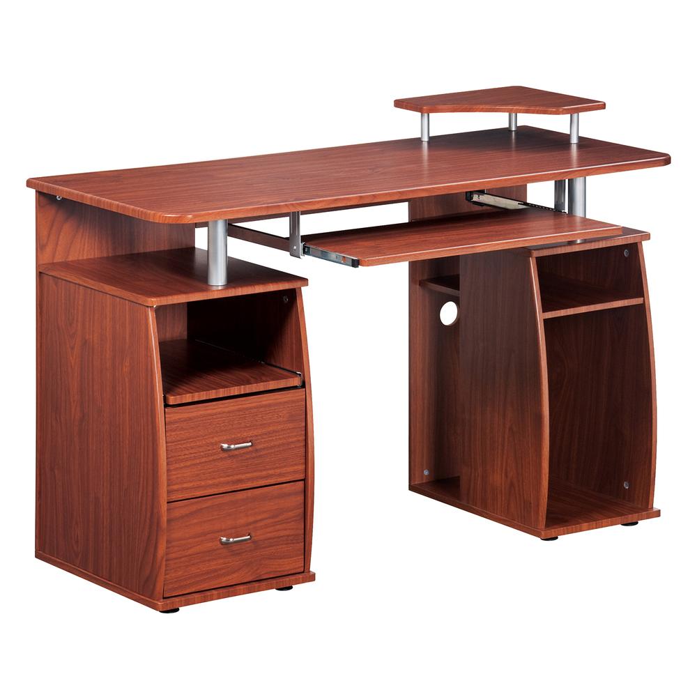 Complete Computer Workstation Desk With Storage. Color: Mahogany. Picture 1