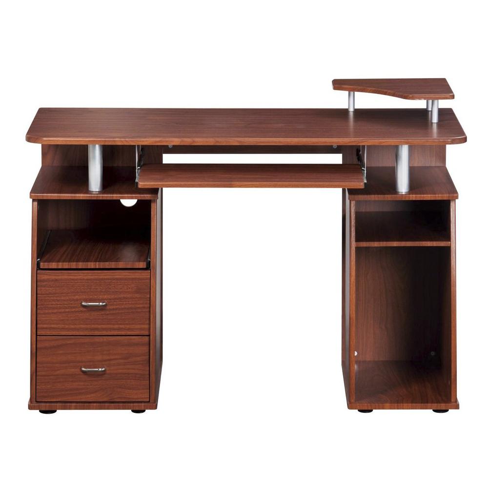Complete Computer Workstation Desk With Storage. Color: Mahogany. Picture 2