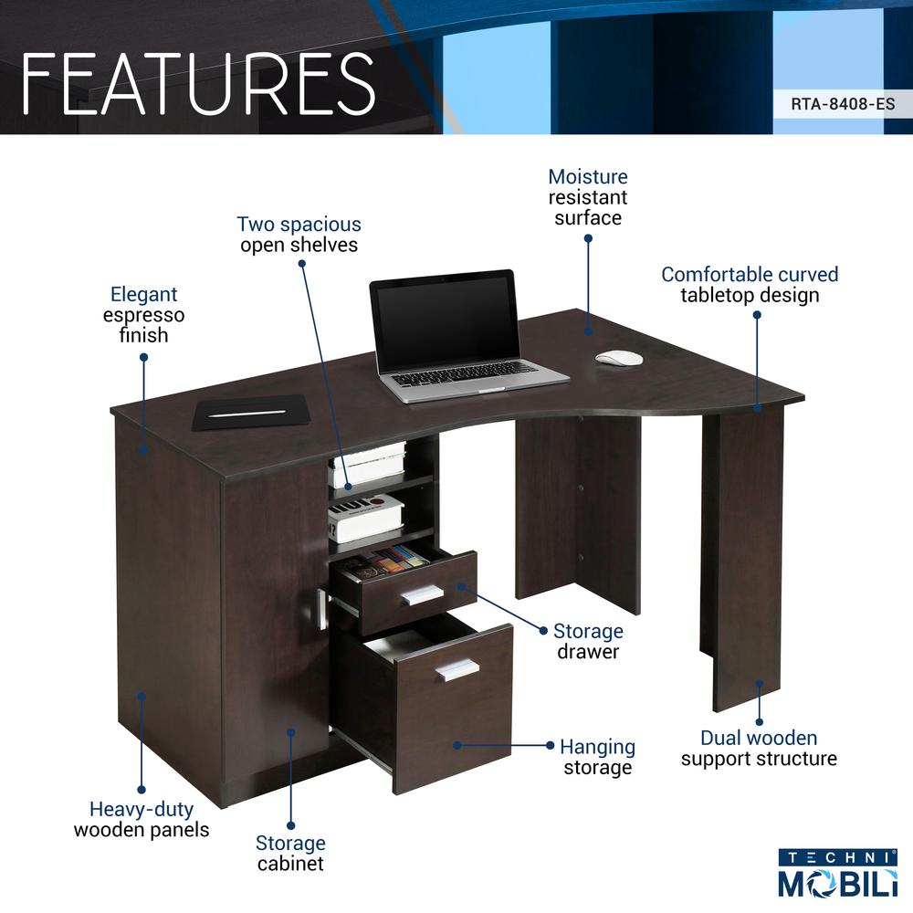 Techni Mobili Classic Office Desk with Storage, Espresso. Picture 6
