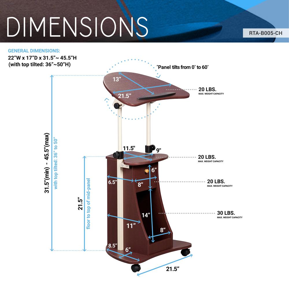 Rolling Adjustable Laptop Cart With Storage. Color: Chocolate. Picture 6