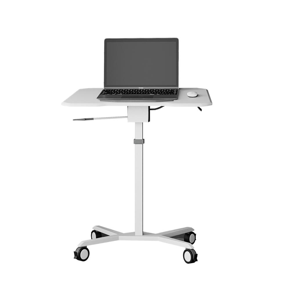 Techni Mobili White Sit to Stand Mobile Laptop Computer Stand with Height Adjustable and Tiltable Tabletop. Picture 9