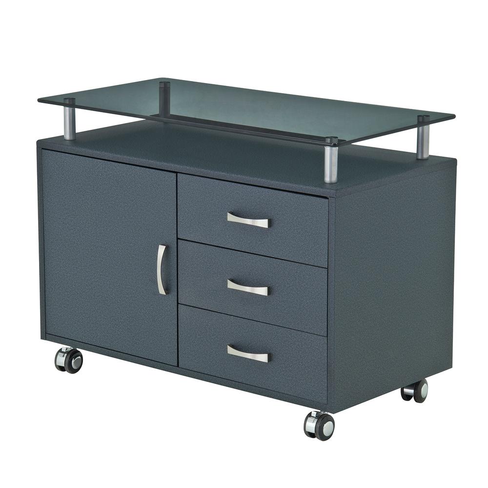 Rolling Storage Cabinet With Frosted Glass Top. Color: Graphite. Picture 1