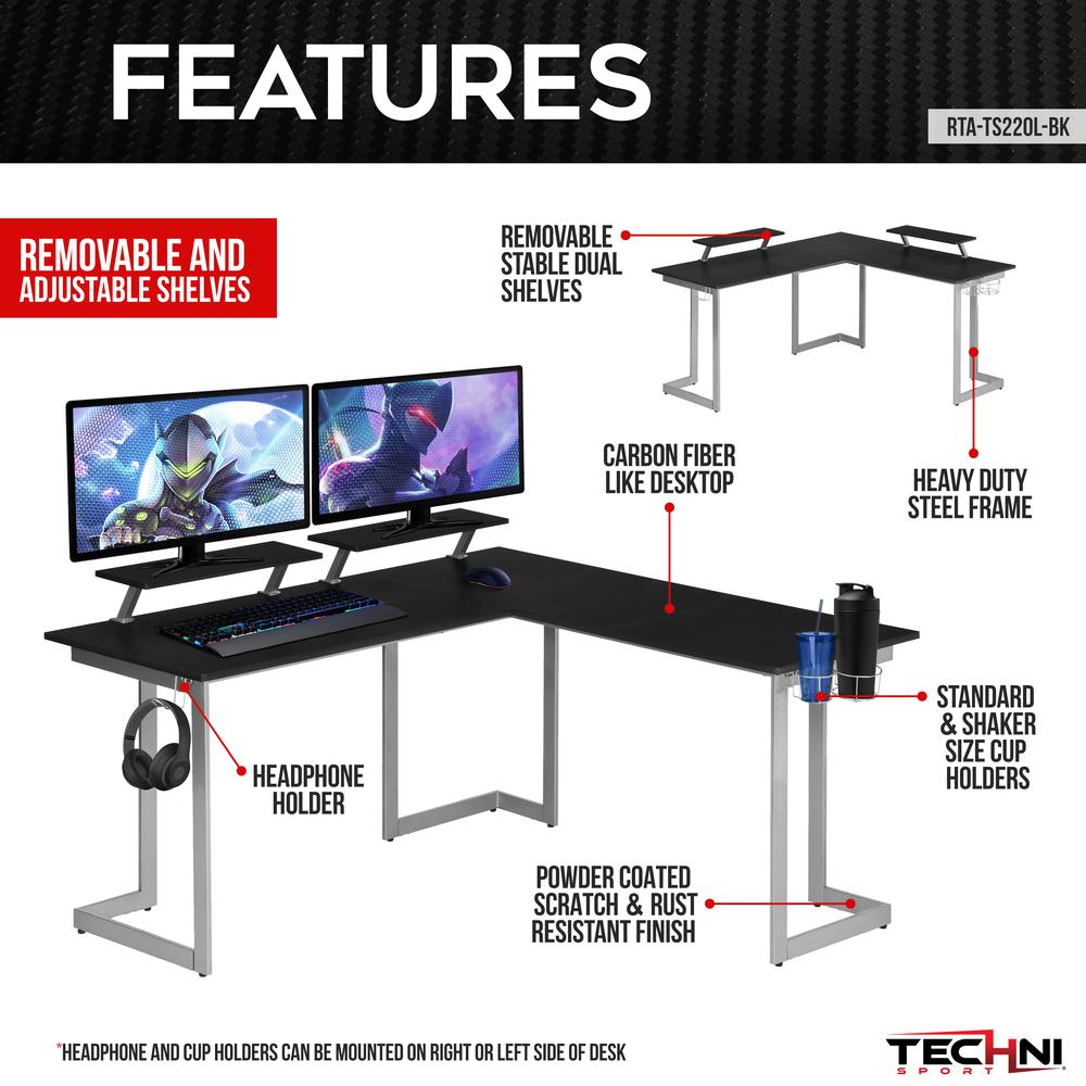 Techni Sport Warrior L-Shaped Gaming Desk, Black. Picture 10