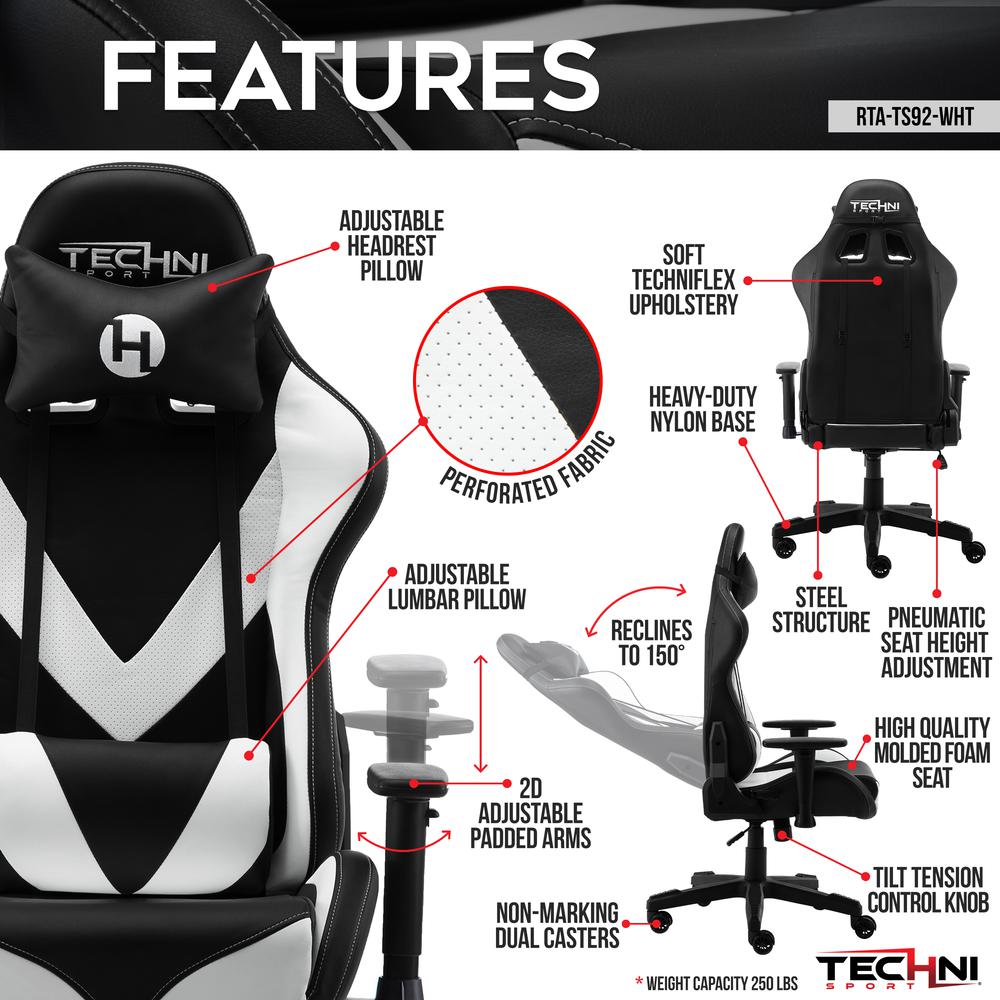 Techni Sport TS-92 Office-PC Gaming Chair, White. Picture 15