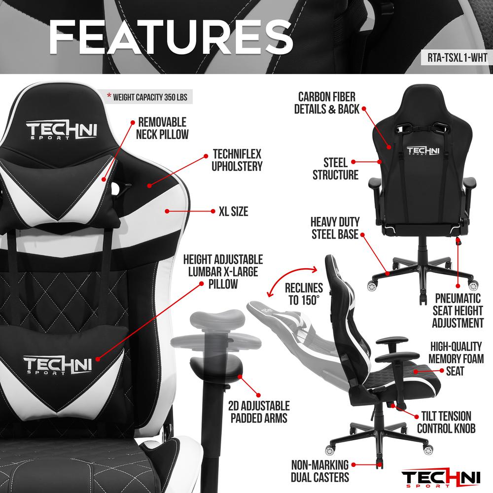 Ergonomic, High Back, Racer Style, Video Gaming Chair, White. Picture 8