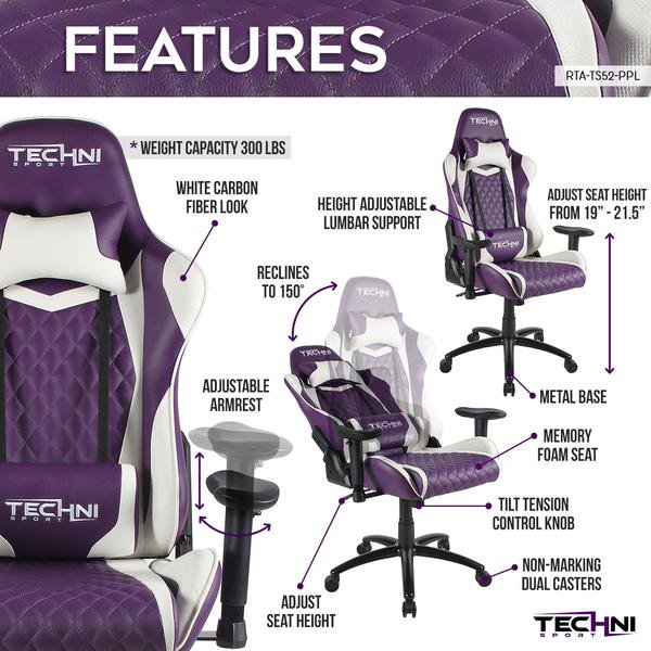 Ergonomic, High Back, Racer Style, Video Gaming Chair, Purple. Picture 5