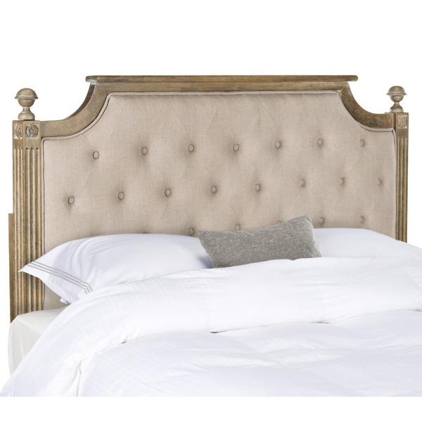 RUSTIC WOOD TAUPE TUFTED LINEN QUEEN HEADBOARD. Picture 1