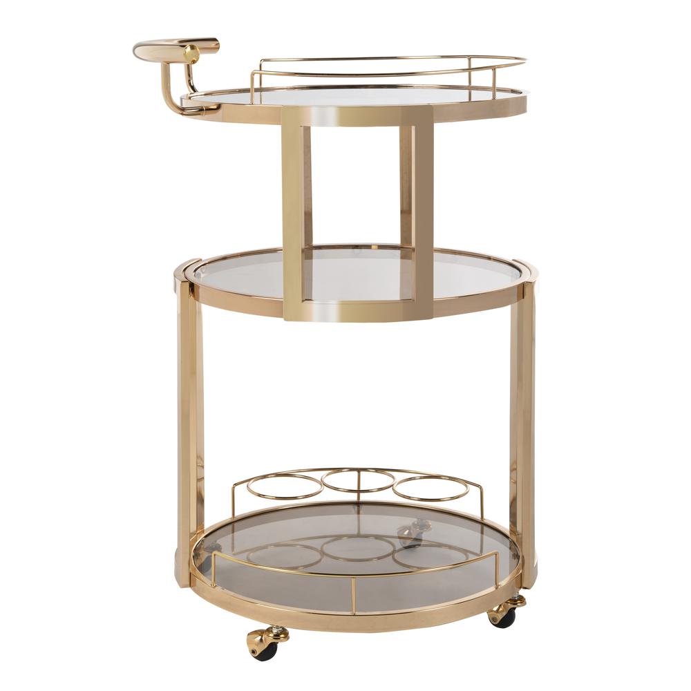 Rio 3 Tier Round Bar Cart And Wine Rack, Gold/Tinted Glass. Picture 1