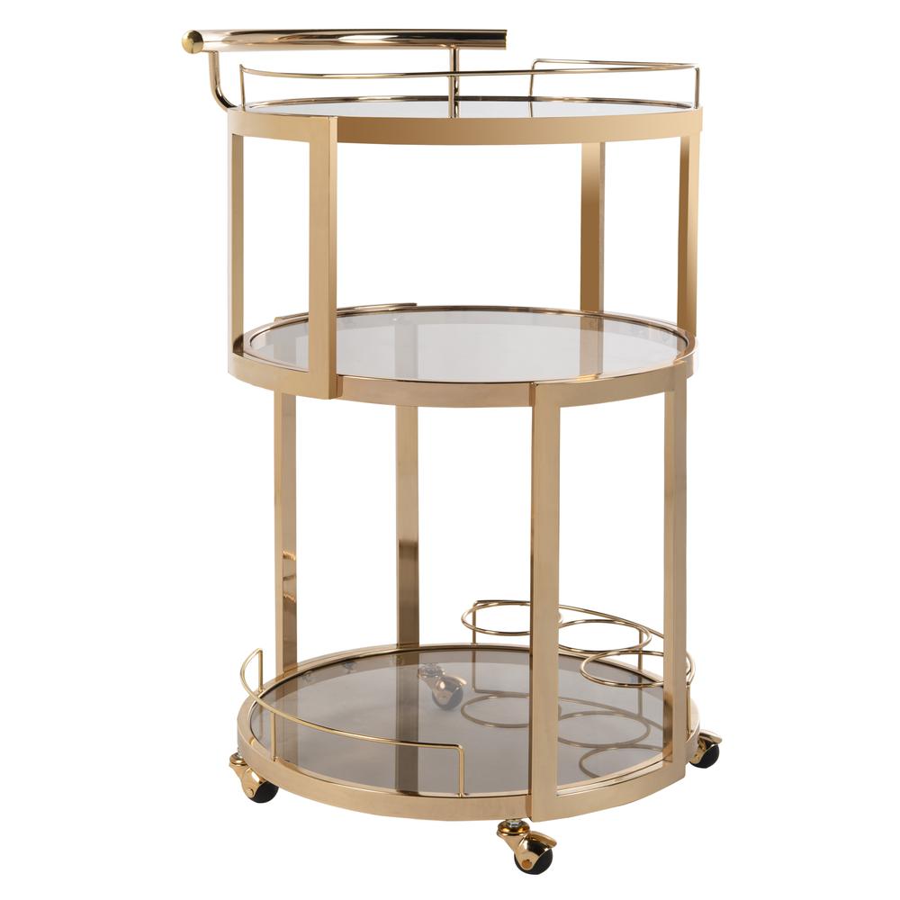 Rio 3 Tier Round Bar Cart And Wine Rack, Gold/Tinted Glass. Picture 6