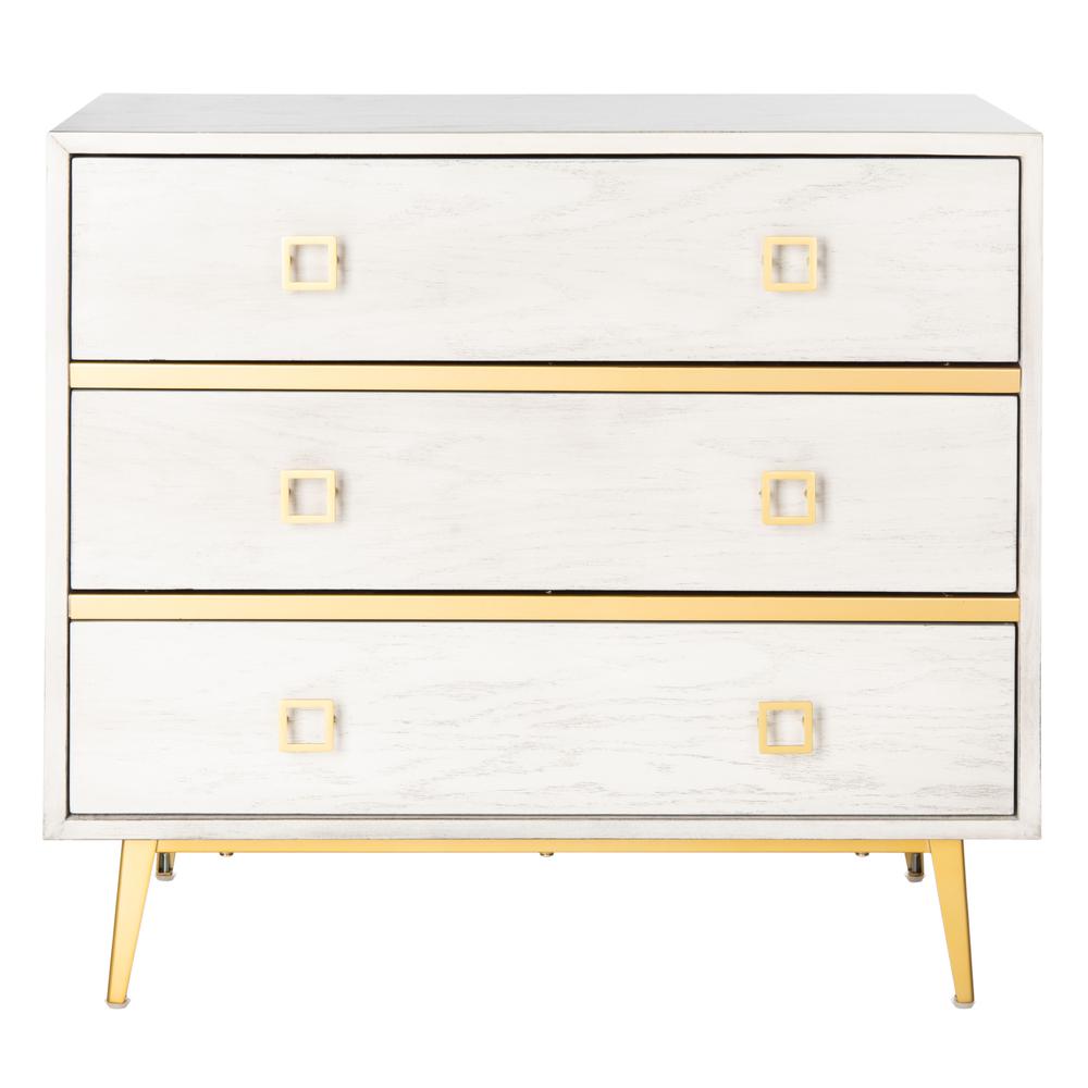 Katia 3 Drawer Chest, White Wash/Gold. Picture 1