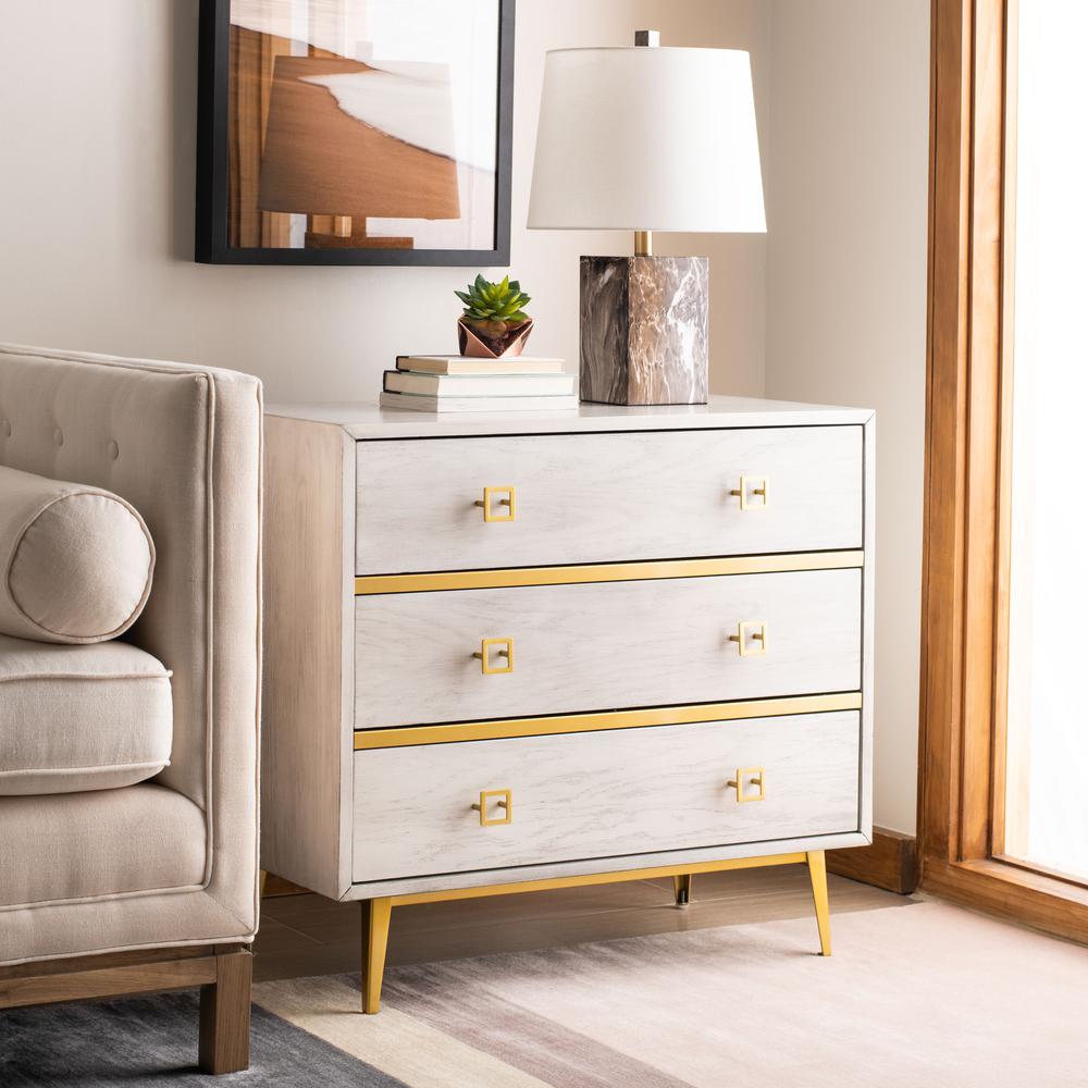 Katia 3 Drawer Chest, White Wash/Gold. Picture 8